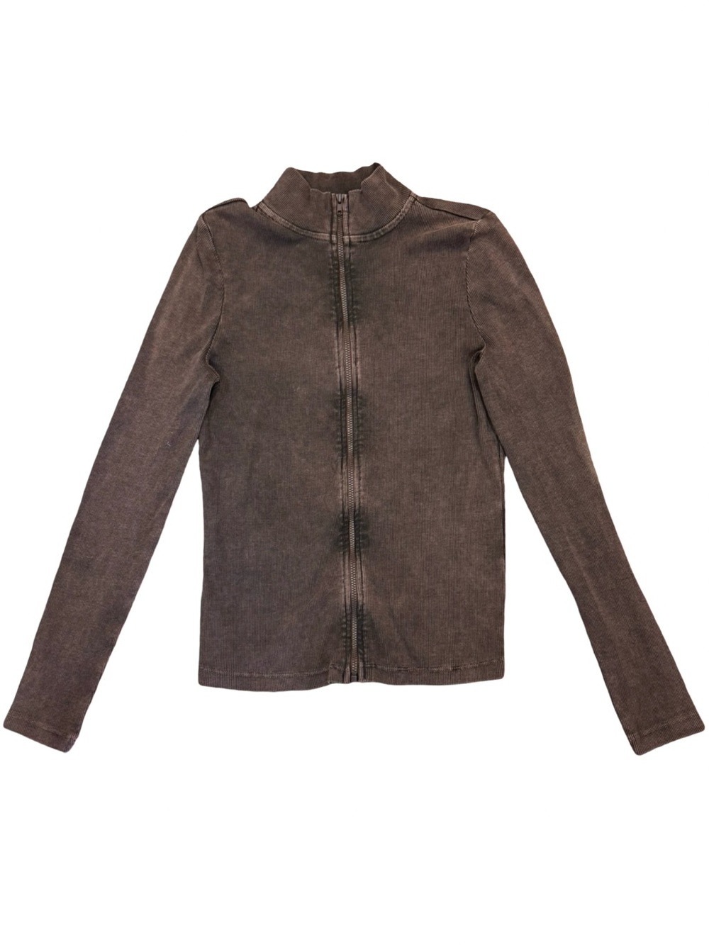 📦🐻 Collusion Women's Brown Long-Sleeve Zip-Front Distressed Tee‎ Top